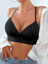 Sujetador sin aros de color liso con escote en V profundo para mujer, color negro