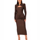 Agnola - Brown Cutout Ruched Maxi Bodycon Dress
