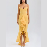 Clementine - Yellow Ruffled Draped Ruched Maxi Dress