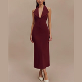 Fleur - Burgundy Deep V Halter Neck Dress