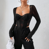 Ginevra - Black Sheer Mesh & Lace Crop Top