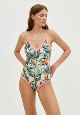 Einteiliger Badeanzug für Damen + Badeanzug mit Vintage-Print - Rosa
