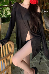 Langarm Sonnenschutz Cover Up Dreiteiliger Bikini - Schwarz