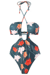 Traje de baño de una pieza con cuello halter y aberturas con estampado floral - Rojo