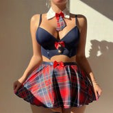 Plaid Bra Skirt Thong Three Piece Set