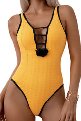 Strukturierter Badeanzug mit 3D-Blumenbesatz, tiefem V-Ausschnitt, Cut-Outs und Blumenmuster