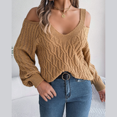 Ombretta - Khaki Cold Shoulder V Neck Sweater