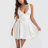 Loretta - White Satin V Neck A Line Dress