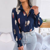 Brie - Blue Leaf Print Lantern Blouse