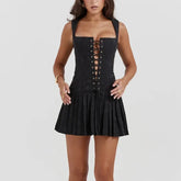Regina - Black Lace Up Flared Pleated Mini Dress
