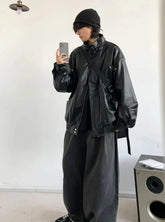 Conjunto de ropa informal coreana holgada: chaqueta de cuero, camisa y pantalones