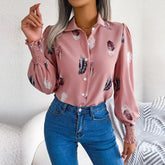 Brie - Pink Leaf Print Lantern Blouse