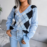 Lunetta - Blue Argyle Knitted V-Neck Sweater Top