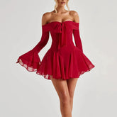 Petal - Off Shoulder Flare Sleeve Mini A-line Dress