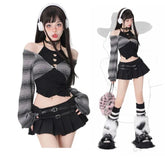 Y2K Kawaii Outfit Set – Kurzer Rock und Strickjacke