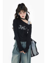 Blusa de manga larga con estampado de mariposas Y2K y hombros descubiertos