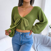 Birdie - Green V-Neck-Bow Cropped Top