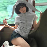 Sudadera con capucha y cremallera con orejas de conejo Y2K