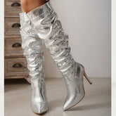 Diletta - Silver Pointed Toe Knee High Boots