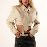 Berlin - Beige Pinstripe Crop Top With Tie