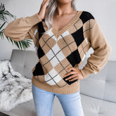 Lunetta - Beige Argyle Knitted V-Neck Sweater Top
