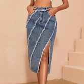 Serenity - Blue Raw Edge Midi Denim Skirt