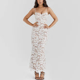 Mathilde - White Lace Up Floral Embroidered Maxi Dress