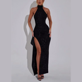 Sparkle - Black Thigh High Split Maxi Dress