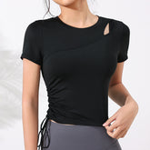 Camiseta de yoga y deportes para mujer con diseño de vendaje calado