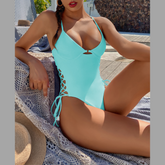 Blue Lace Up One Piece Underwired Swimsuit