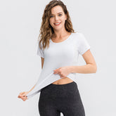 Camiseta de yoga y fitness de cuello redondo y secado rápido para mujer