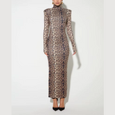 Allegra - Leopard Print Turtleneck Bodycon Maxi Dress