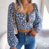 Anita - Blue Floral Print Chiffon Crop Top
