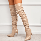 Beige Patent Leather Over The Knee Boots