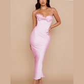 Clarise - Pink Satin Maxi Bodycon Dress