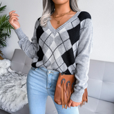 Lunetta - Gray Argyle Knitted V-Neck Sweater Top