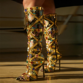 Gold Embellished Knee High Heeled Boots