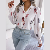 Brie - White Leaf Print Lantern Blouse