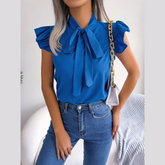 Britney - Blue Ruffle Cap Sleeves Tie Neck Top