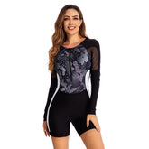 Langärmliger, einteiliger Badeanzug mit Reißverschluss und Print