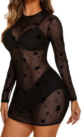 Avidlove Vestido de malla de manga larga ajustado transparente vestidos de cuello redondo mini vestidos para fiesta en club (sin sujetador bragas)