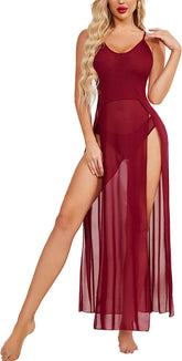 Avidlove Plus Size Kleid für Babydoll Mesh Maxi Nachthemd Riemchen Exotische Nachtwäsche Seitenschlitze