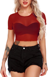 Avidlove Mesh-Crop-Top für kurzärmlige, figurbetonte T-Shirts, durchsichtige Bluse mit Rundhalsausschnitt, Clubwear