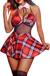 Conjunto de lencería con falda a cuadros y entrepierna a presión para cosplay de estudiantes de Avidlove