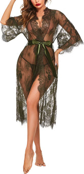 Avidlove - Camisón tipo kimono de encaje largo transparente para mujer