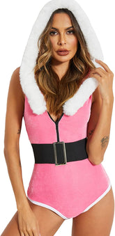Body con capucha y entrepierna a presión de lencería navideña de Avidlove Body de Papá Noel con cinturón