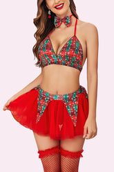 Avidlove Weihnachtsdessous für Feiertags-Outfits, karierter BH und Rock, Weihnachtsmann-Nachtwäsche mit Fliege