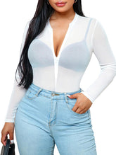 Avidlove Mesh-Bodysuit, langärmelig, mit Druckknopfverschluss im Schritt, durchsichtiger Reißverschluss, transparente Trikots, Bodysuit-Oberteile