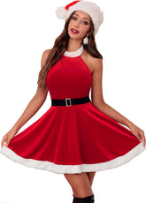 Avidlove Neckholder-Minikleid Weihnachtskleid A-Linie Samt Partykleid Weihnachtsmannkleid