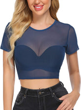 Top corto de malla Avidlove para camisetas ajustadas de manga corta, blusa transparente, cuello redondo, ropa de club
